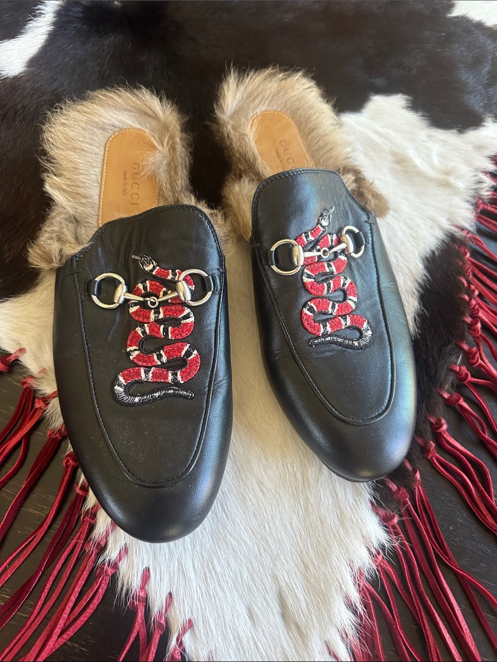 Gucci Black Leather Fur-Lined Mule with Red Snake Embroidery